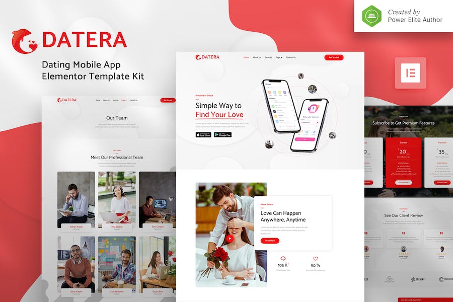 Datera ? Online Dating Mobile App Landing Elementor Template Kit