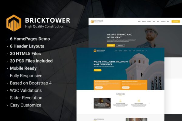 Bricktower - Construction Company HTML5 Template Construction free ecommerce portfolio landing page blog dashboard bootstrap animated