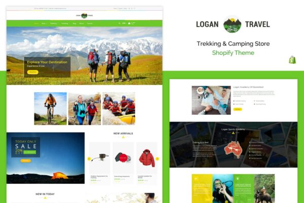 Logan - Trekking & Camping Store Shopify Theme Adventure, Camping & Trekking Equipments, Appearals, Tools Theme. Shoes, Tents, Knife, Torch, Tees!