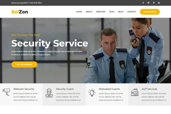 SafZon - Security Guard HTML Template SafZon brings 2 Unique Home Layouts and a total of 9+ HTML Pages