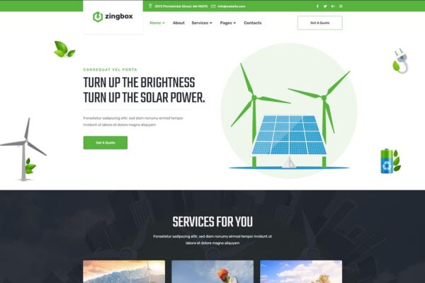 Zingbox – Wind & Solar Energy HTML Template alternative energy, bio energy, eco, ecology, environment, green energy, natural, organic, recyclin