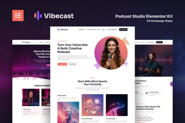 Download Vibecast – Podcast Studio Elementor Pro Template Kit